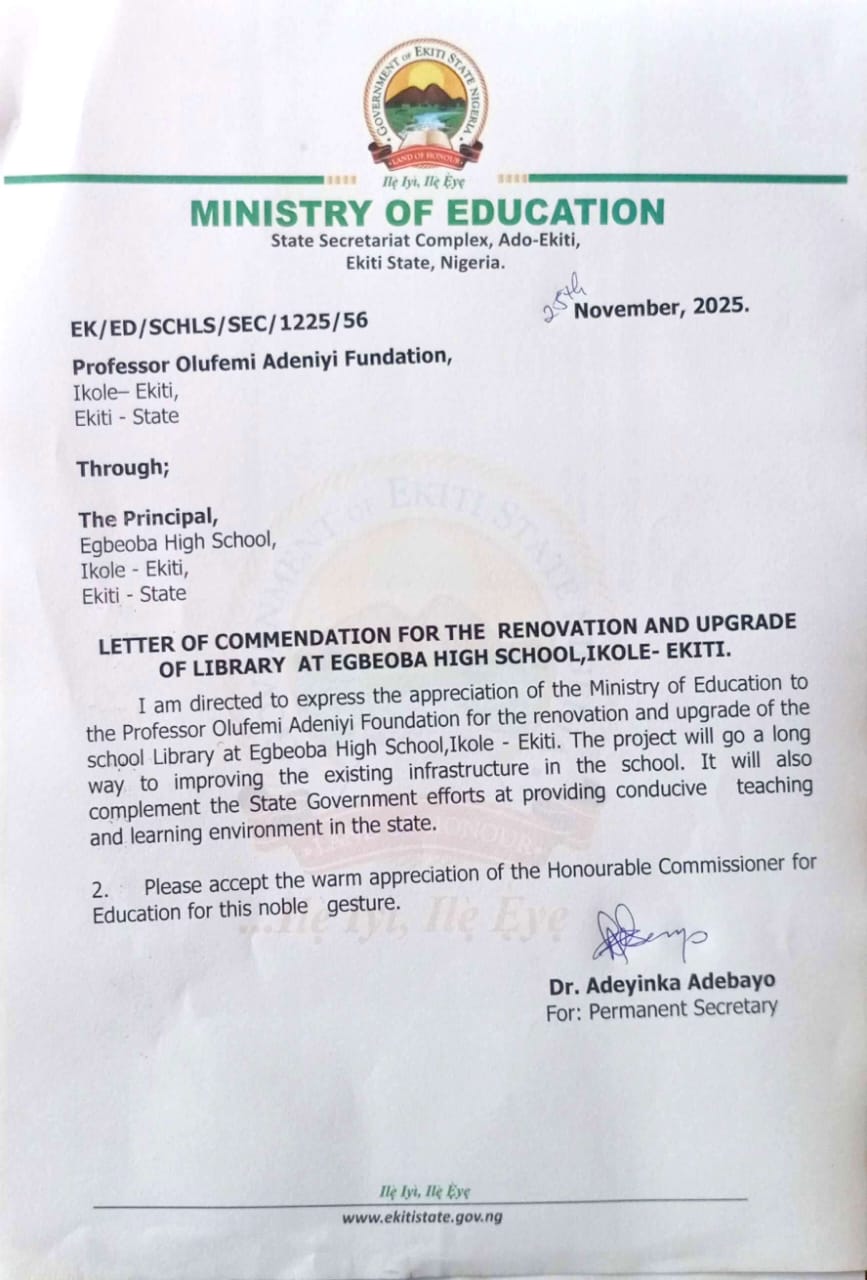 EKITI STATE GOVERNMENT COMMENDS PPOAF FOR UPGRADE OF EGBEOBA HIGH SCHOOL LIBRARY